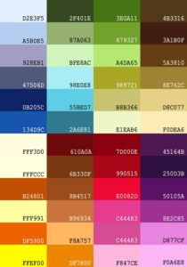 HEX-, HTML-, RGB-Farben. Tisch